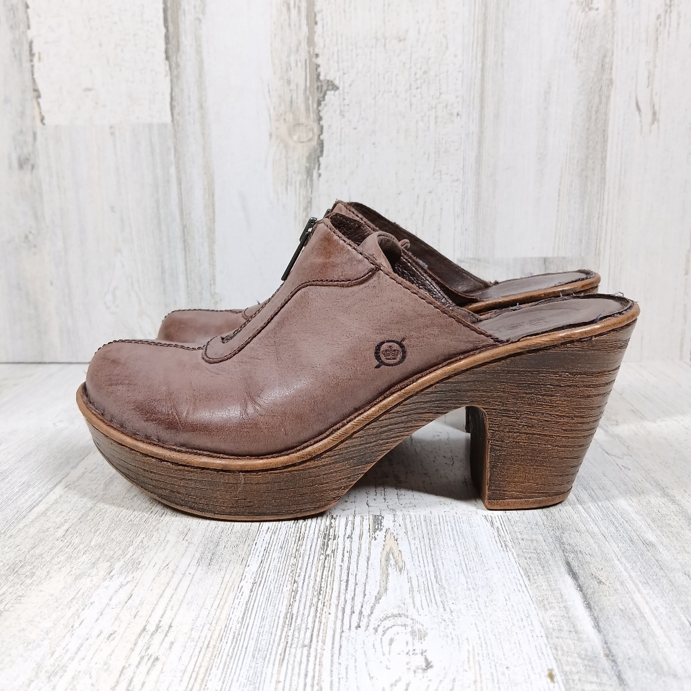 Born Brown Leather Platform Clog Mules